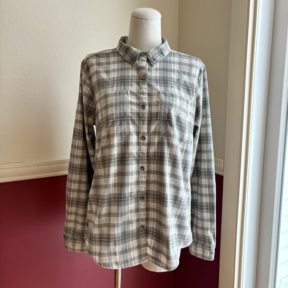 Royal Robbins Women's Thermotech Flannel Cream Tan Plaid Pocket Size M